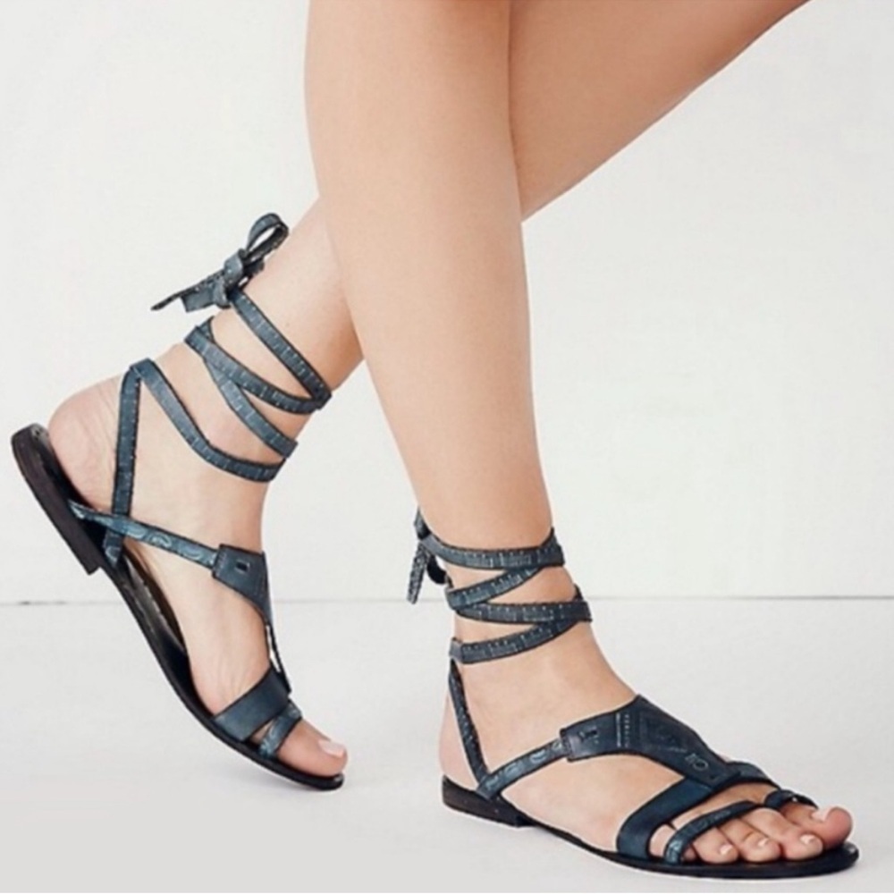 Free People Oliveira Black Leather Ankle Wrap Sandals